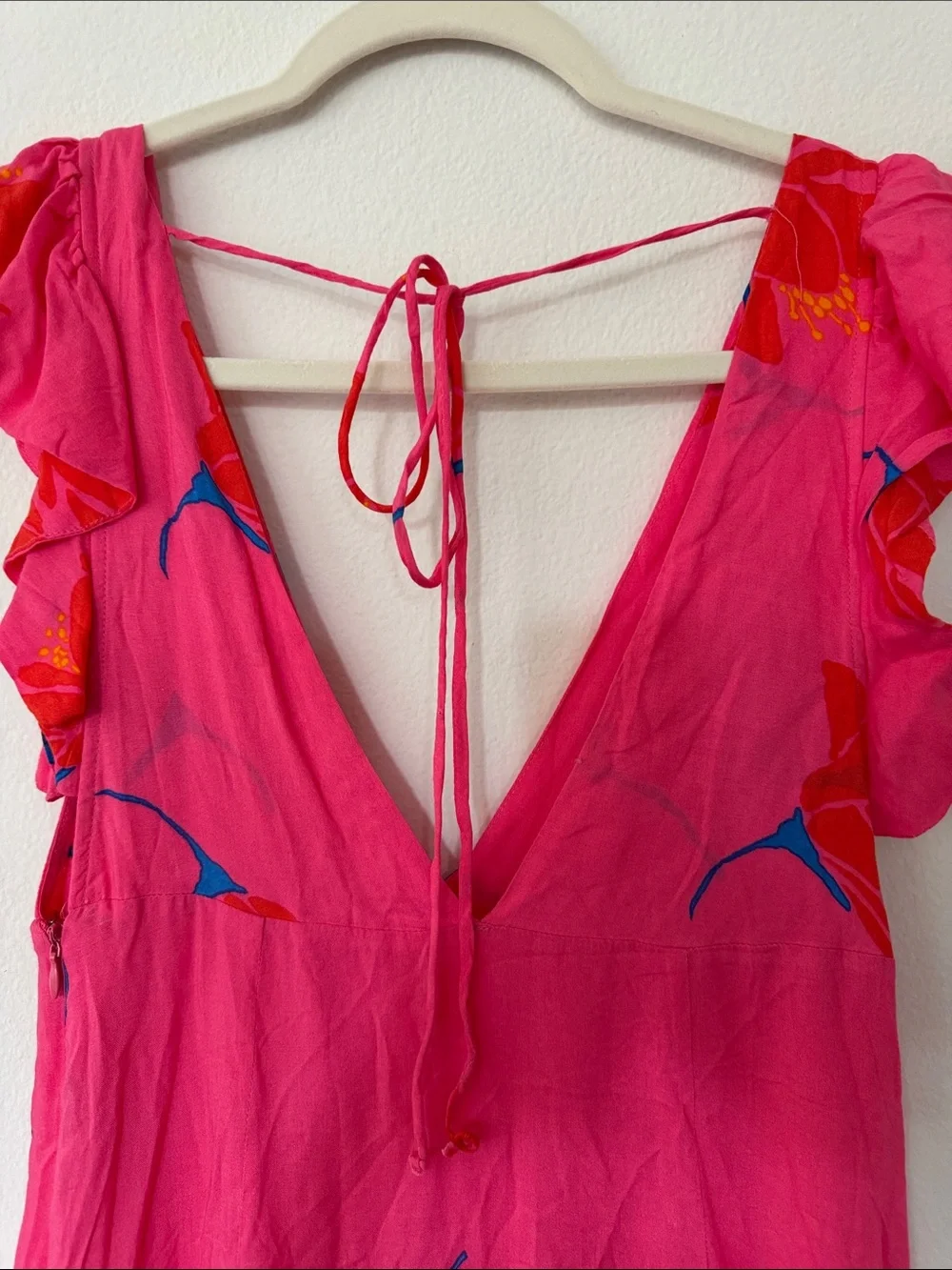 Free People Hot Pink Floral Ruffle V‑Neck Maxi Dress